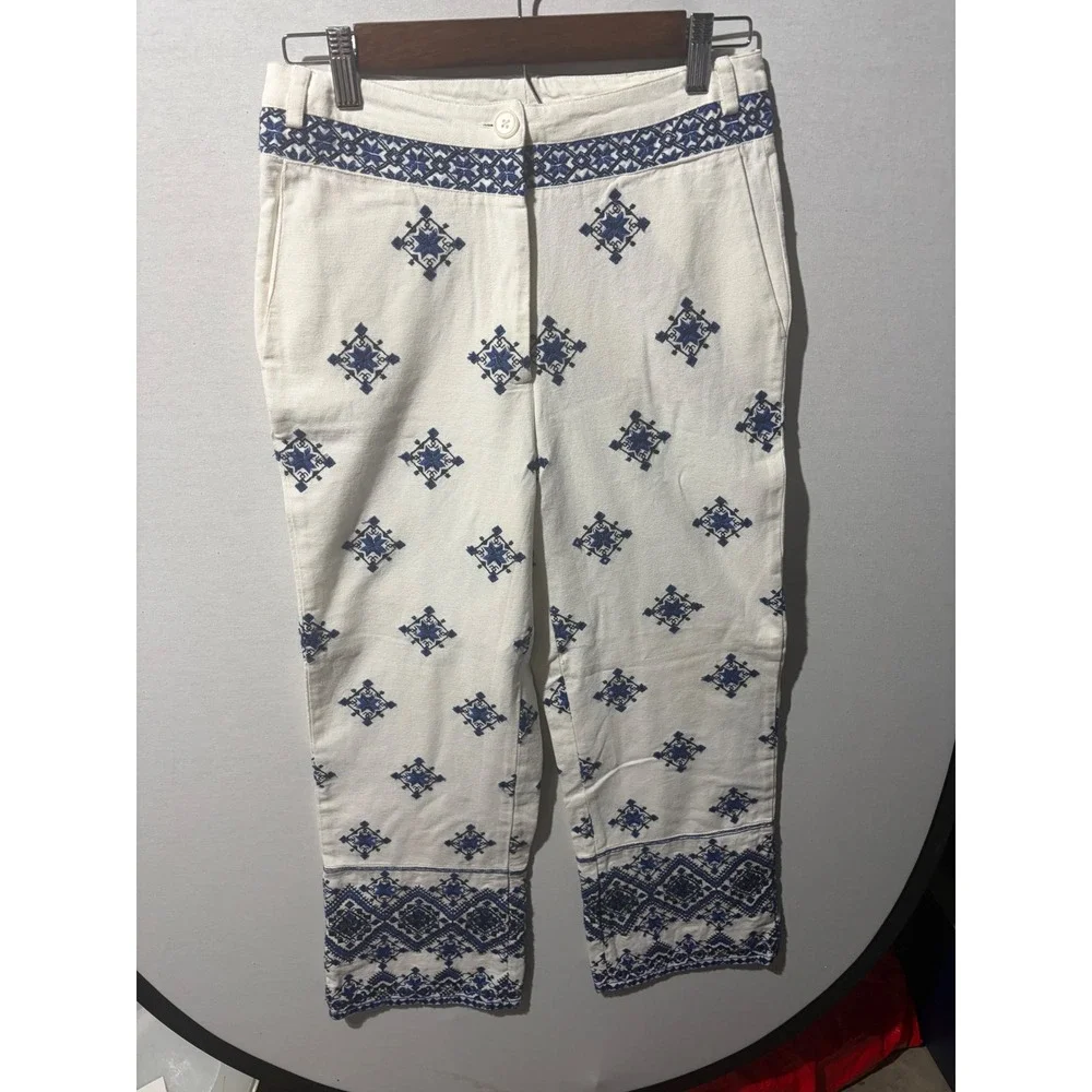 Mango White Blue Geometric Embroidered‎ Wide Leg Cropped Pants Size 4 NWT